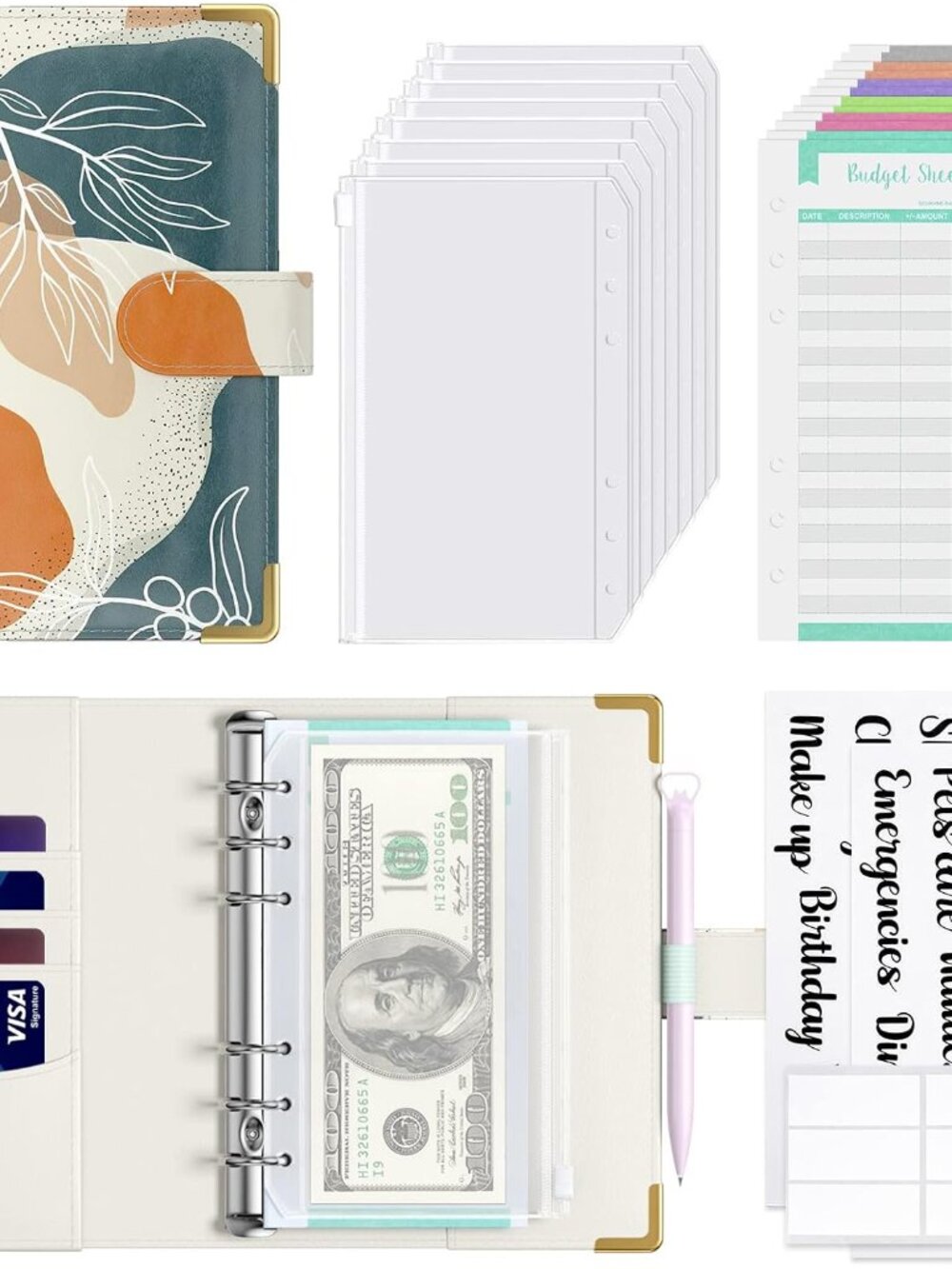 Budget Binder with Zipper Envelopes, A6 Money Saving Binder Cash Envelopes for B